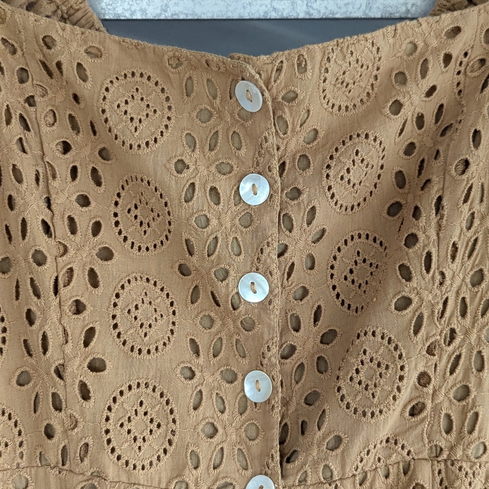 Puff-Sleeve Eyelet Midi Dress in Camel - Picture 6 of 13